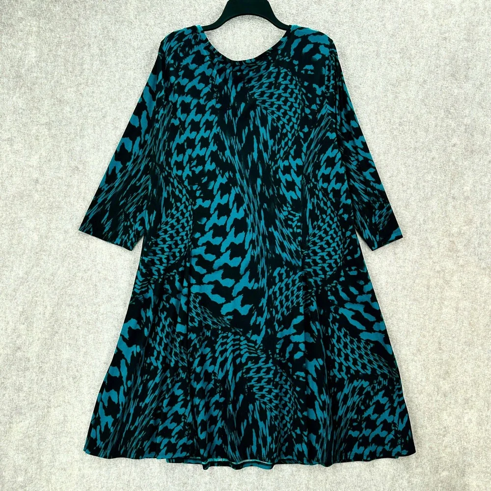 Susan Graver Liquid Knit Teal Black Abstract Stretch 3/4 Sleeve Dress Size XL - Picture 2 of 7